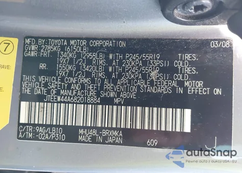 2008 Toyota Highlander Hybrid Limited z USA, uszkodzony, nr VIN JTEEW44A682018884